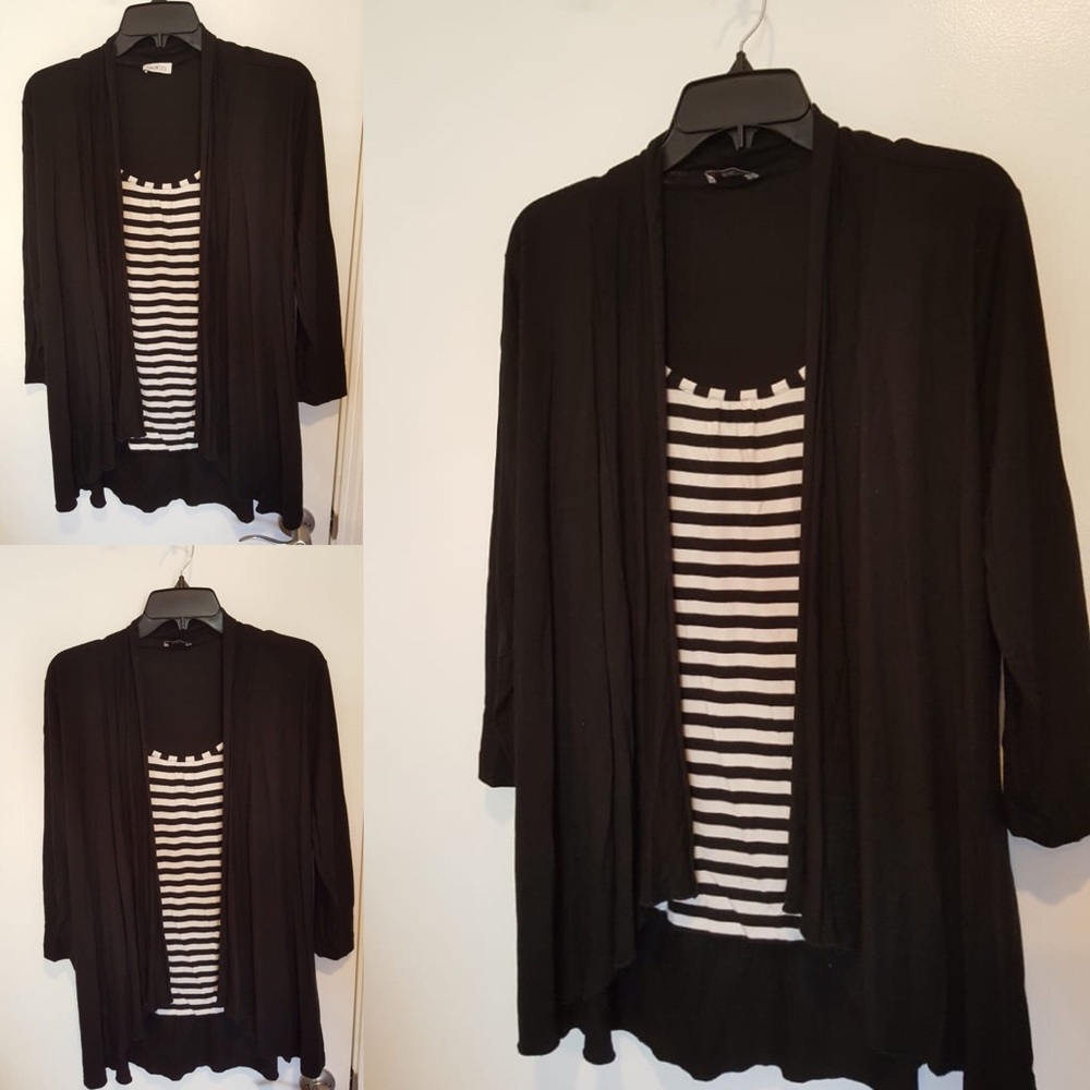 Black and White striped blouse with cardigan